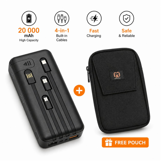 20,000mAh power bank with 4 built-in cables and free protective pouch by Tech Drip